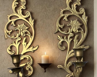 Pair of Vintage Brass Wall Candle Holders – Ornate Scroll Design Sconces – Hollywood Regency