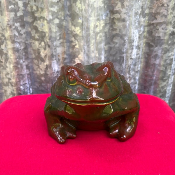 Vintage Planter.Green and Brown Frog.Glazed indoor outdoor planter.Frog Lover gift. Flower bed accent . Patio accent