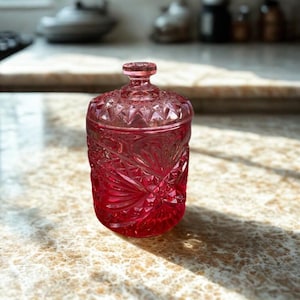 Vintage Ruby Red Pressed Glass Jar with Lid – Decorative Diamond Cut Candy Dish or Apothecary Jar