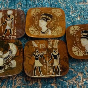 Vintage Egyptian Leather Coaster Set with Holder