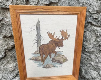 Vintage Framed Moose Cross Stitch: Rustic Cabin Wall Art, Signed 1992