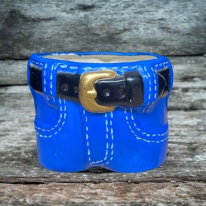 May include: A blue ceramic planter shaped like a pair of jeans. The planter has a black belt with a gold buckle and white stitching details. The planter is designed to resemble denim jeans.