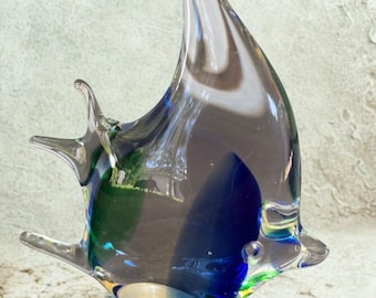 Art Glass Fish.Murano style blue green fish paperweight.Hand blown angel fish.Coastal glass decor.Office or Bathroom decor.Beach home decor