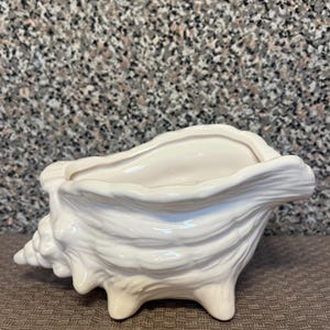 May include: A glossy off-white ceramic planter shaped like a conch shell. The vessel features a textured, ridged exterior surface with a wide, open top and three small, sturdy feet at the base to provide stability on a flat surface.