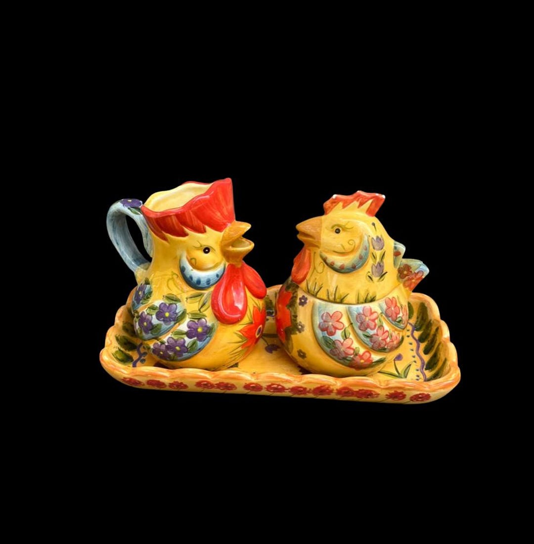 Hand Painted Ceramic Sugar and Creamer Set: Rooster Hen Decor - Etsy