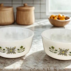 Anchor Hocking Custard Bowl Set.Vintage Green Meadow Pattern Custard Bowl.Small milk glass sherbet dish. Retro kitchen