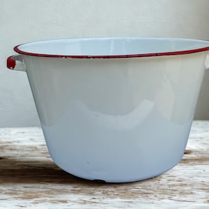 Vintage White Enamel Pot with Red Trim – Farmhouse Kitchen Decor or Planter