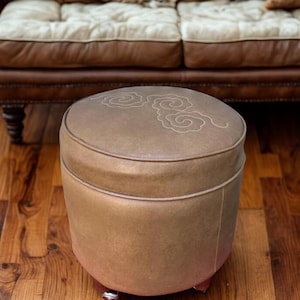 Vintage MCM Rolling Footstool: Brown Round Ottoman Hassock