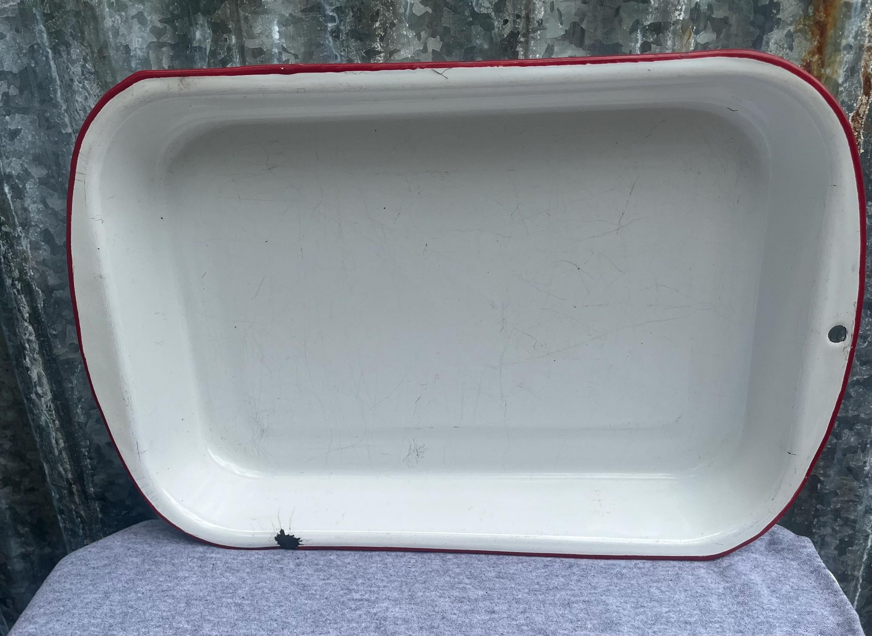 Vintage White Enamel Basin with Red Trim | Farmhouse Rustic Décor | Primitive Metal Wash Tub
