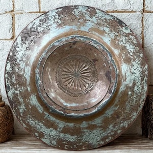 Antique Hand-Tooled Copper Plate with Patina – Ornate Decorative Dish – 9” Diameter – Vintage Rustic Decor-Hand Hammered Decor-