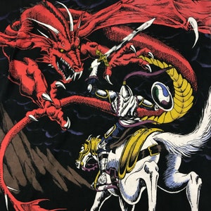 May include: A red dragon with yellow scales and a knight on a white horse fighting with a sword. The dragon is attacking the knight, who is holding a sword in his right hand. The background is black.