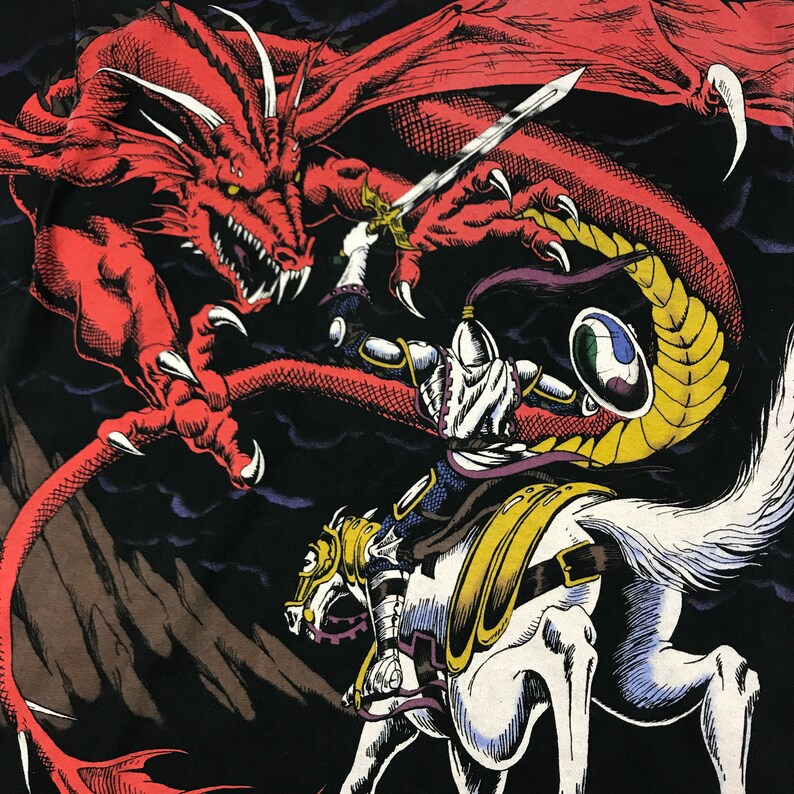May include: A red dragon with yellow scales and a knight on a white horse fighting with a sword. The dragon is attacking the knight, who is holding a sword in his right hand. The background is black.