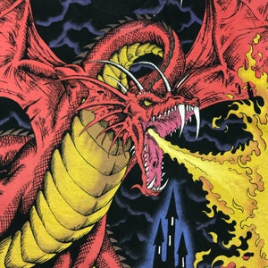May include: A red dragon with yellow scales and a black background breathes fire towards a dark castle. The dragon's mouth is open and its teeth are visible. The fire is yellow and orange.