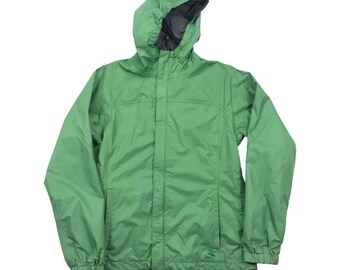 May include: A green hooded jacket with a zipper closure and two pockets. The jacket has a small logo on the lower right side.