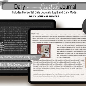 May include: A digital journal bundle with 365 daily portrait pages, resuable every year. The bundle includes 8 planning PDFs, 1000+ stickers, and 140 covers. The journal has 4 page templates: blank, grid, dotted, and lined. The image shows a dark mode and a light mode journal.