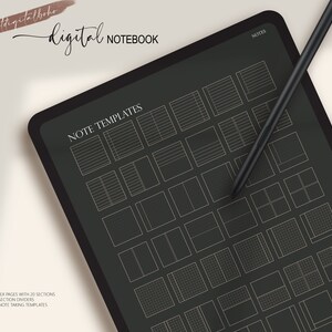 May include: A digital notebook on a tablet, showcasing note templates with lined, grid, and dot grid layouts. The screen displays "NOTE TEMPLATES" and "NOTES". A black stylus is positioned on the screen. The top left corner has the text "thatdigitalboho digital NOTEBOOK".