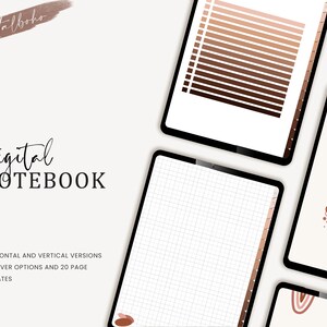 Peut inclure: Carnet numérique avec 20 options de couverture et 20 modèles de page. L'image montre une variété de couvertures de carnet avec différents designs, y compris un motif de grille, une palette de couleurs brunes et des formes abstraites.