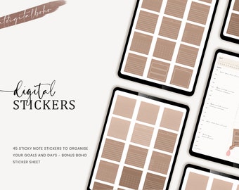 May include: A digital planner with 45 sticky note stickers for organizing goals and days. The stickers are in a brown and white color scheme and feature various designs, including lined, grid, and blank options. The planner also includes a bonus boho sticker sheet.