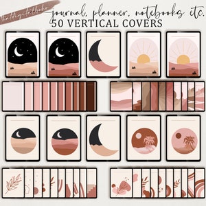 Op de afbeelding: 50 verticale, printbare journal covers in boho-stijl met verschillende ontwerpen, waaronder manen, zonnen, palmbomen en abstracte vormen in tinten bruin, roze en wit.