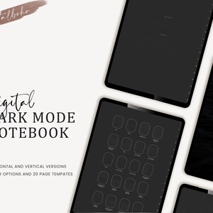 May include: A digital notebook with a dark mode theme. The notebook has 20 page templates and cover options. The image shows a variety of page layouts, including a grid, a list, and a blank page.