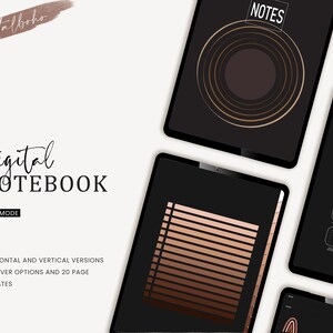 May include: A digital notebook in dark mode with 20 cover options and 20 page templates. The notebook has a variety of design elements, including a circle with concentric rings, a grid of squares, and a rainbow.