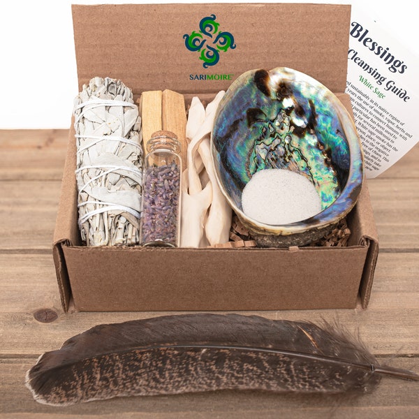 White Sage Wand Kit includes Feather, 2 Palo Santo Sticks, Lavender in Vial, Abalone Shell, Spiritual Smoke