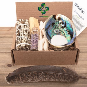 Yerba Santa Sage Wand Kit includes Feather, 2 Palo Santo Sticks, Lavender in Vial, Abalone Shell, Spiritual Smoke