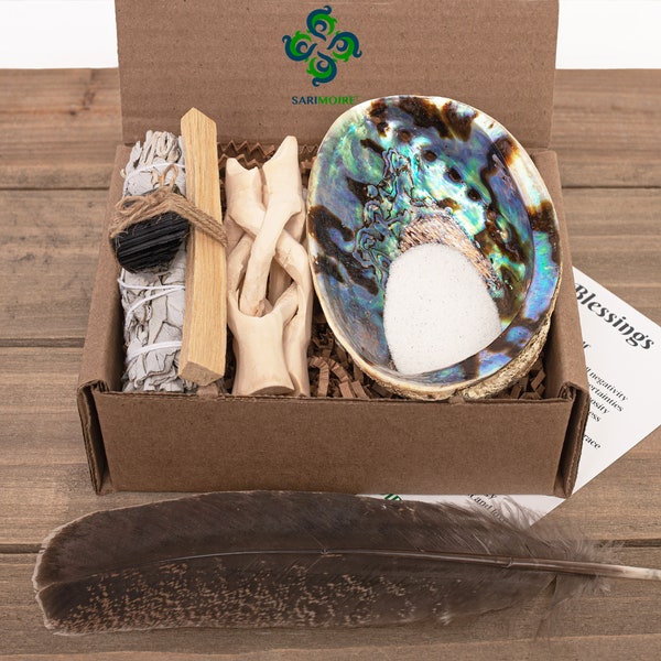 Crystal Cleansing Protection Kit with White Sage/Palo Santo/Black Tourmaline Tied Bundle, Feather, Abalone Shell, Spiritual | Smoke Cleanse