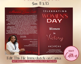 Women's Day Program Bulletin CANVA Template | Women's or Mothers Day Church | Edit On CANVA OR Canva Pro | Size 11x8.5