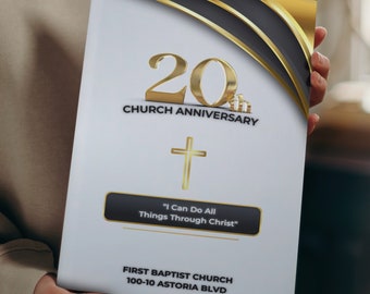 Church Anniversary Program Bulletin Template (White, Gold & Black) | 11 x 8.5  | CANVA PRO | Editable | Printable File