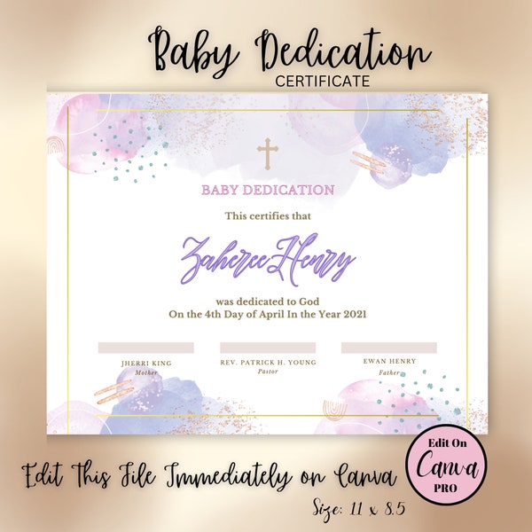 Certificat de dévouement bébé | Baptême de fille ou bénédiction de bébé | Fichier numérique 11 x 8,5 et 8,5 x 11 | CANVA PRO | Imprimable/Modifier