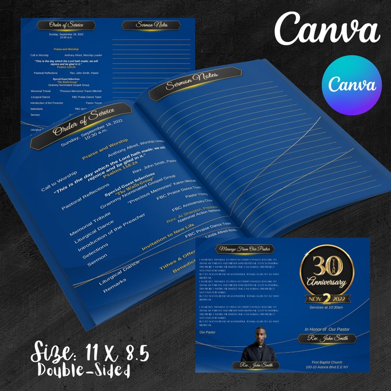 Church Anniversary Program Template blue , Gold & Black 11 X 8.5