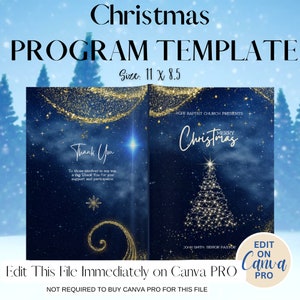 Pode incluir: Um modelo de programa de Natal azul e dourado com um fundo de noite estrelada e uma árvore de Natal estilizada. O texto "Hope Baptist Church Presents Merry Christmas" está no topo do modelo. O texto "Edit This File Immediately on Canva Pro" está na parte inferior do modelo.