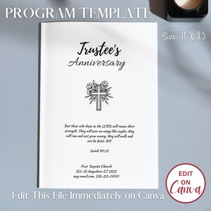 May include: A white program template for a Trustee's Anniversary. The template features a black and white cross with floral accents, a Bible verse, and the text "Trustee's Anniversary".
