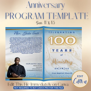 May include: A blue and white program template for a church anniversary celebration. The program features a photo of a pastor, the text "Celebrating 100 Years of Ministry", and the date "09|18|22".