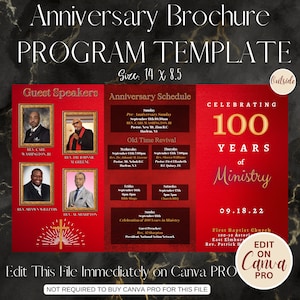 Church Anniversary Program Bulletin Template | 14 x 8.5 Brochure | CANVA PRO | Editable | Printable File