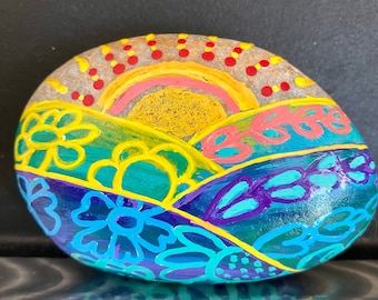 Hand Painted Stone: Blooming Hills Mountain Art - Home Decor