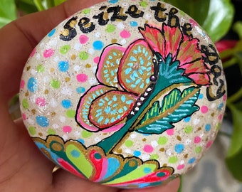 Hand Painted Stone: &quot;Seize The Day&quot; Butterfly Art, Inspirational Decor