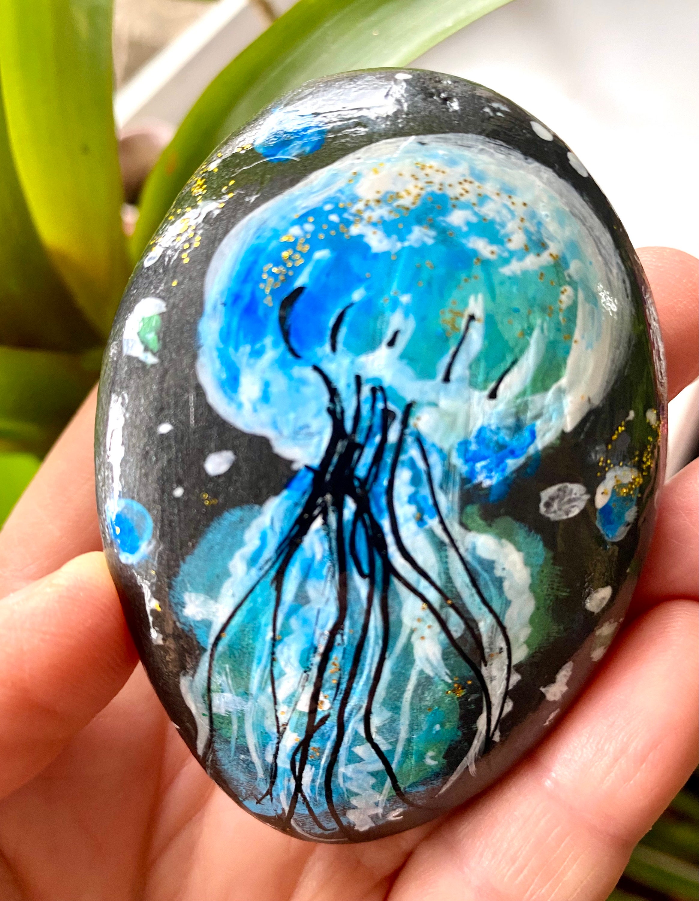 A beautiful jellyfish hand painted stone by my little niece,Home decor,Unique Painted Rock,Sea Themed Stone,Art on Stone, Small gift