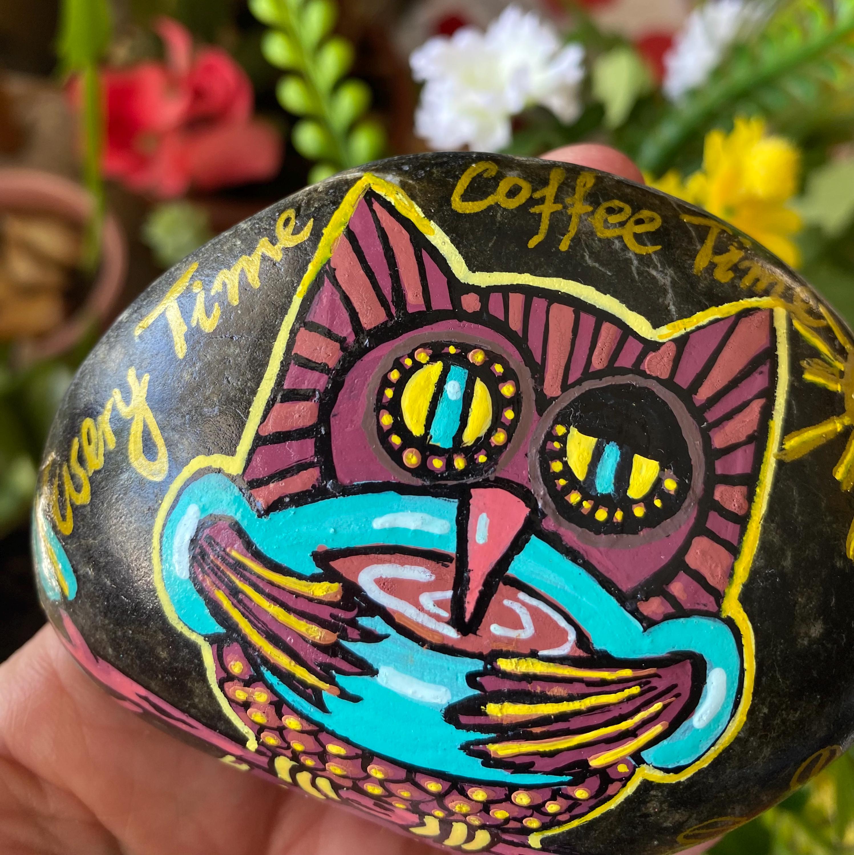 Funny Coffee Lovers Gift,Hand Painted Owl Stone, Home Decor Paperweight Double Sided Rock