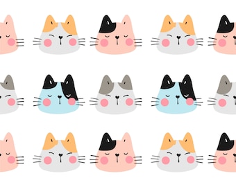 Op de afbeelding: Een naadloos patroon met schattige cartoon-katten met verschillende gekleurde vacht en markeringen. De katten hebben gesloten ogen en roze wangen en zijn in rijen gerangschikt.