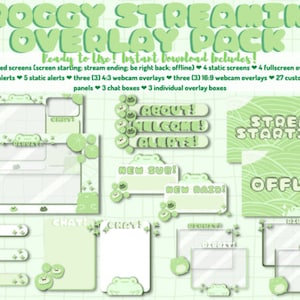 Può includere: Un pacchetto di overlay per streaming digitale in verde chiaro con grafiche a tema rana. Include testo per avvio streaming, offline, chat e avvisi. Il set contiene vari riquadri, pannelli e box con illustrazioni di rane e motivi a griglia.