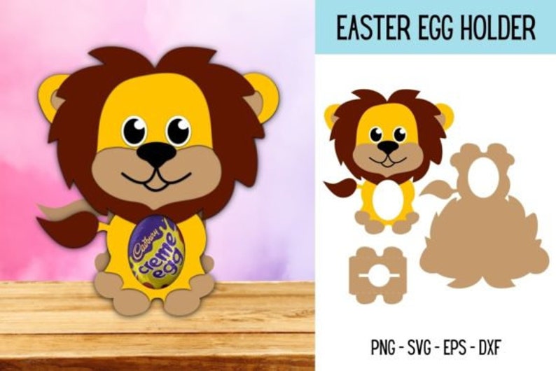Puede incluir: Una plantilla de artesan&iacute;a imprimible para un porta huevos de Pascua con forma de le&oacute;n de dibujos animados. El le&oacute;n est&aacute; sosteniendo un huevo de chocolate Cadbury Creme Egg en sus patas. La plantilla incluye la cabeza, el cuerpo, la cola del le&oacute;n y una pieza separada para el porta huevos.