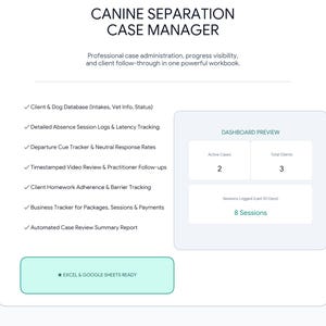 Casemanager voor verlatingsangst bij honden | Spreadsheet voor trainers en cliënten | Cliëntlogboek, sessies in Excel en Google Sheets | Sjabloon voor voortgang