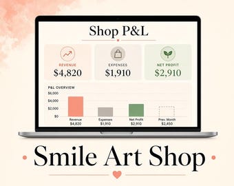 Pode incluir: Uma tela de laptop exibindo um painel Shop P&L com dados de receita, despesas e lucro líquido. A interface inclui um gráfico de barras comparando essas métricas, com o texto Smile Art Shop posicionado abaixo do laptop em um fundo claro.