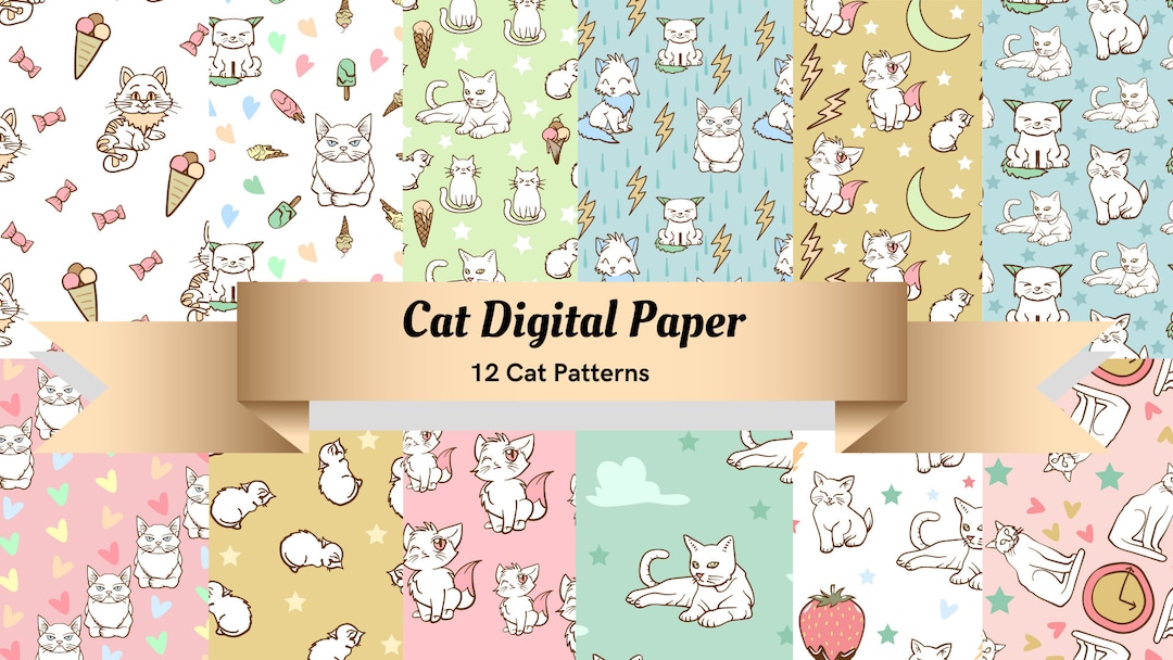 Cat Digital Paper, 12 Cat Patterns, Kitten Patterns, Cute Seamless ...