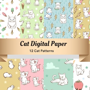 Papel digital de gato, 12 patrones de gato, patrones de gatito, Lindo sin costuras, Descargar papel digital, paquete de papel digital