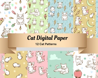 May include: A set of 12 digital papers featuring cute cat illustrations in various patterns. The patterns include cats with ice cream, stars, lightning bolts, hearts, and moons. The text "Cat Digital Paper" and "12 Cat Patterns" is displayed on a gold ribbon.