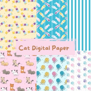 Papel digital de gato, patrones de gatos, patrones de gatitos, lindo sin costuras, descargar papel digital, paquete de papel digital