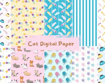Cute Cat Seamless Patterns, Kitten Digital Paper (JPG)